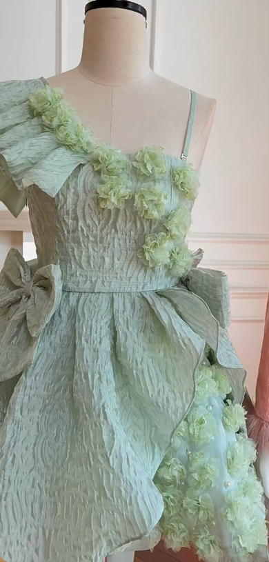 Green asymmetrical suspenders waist slim fit puffy princess skirt homecoming dress R5037