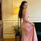 Light pink off-the-shoulder fitted long sexy ball gown, bridal dress R8611
