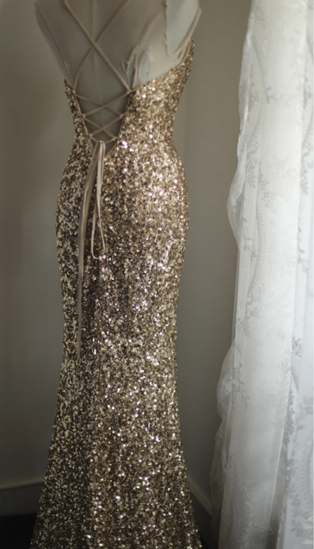 Gold sequined halter-neck fitted long ball gown R6807