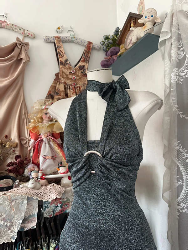 Gray halter neck slim waist hip fishtail maxi ball gown R6209