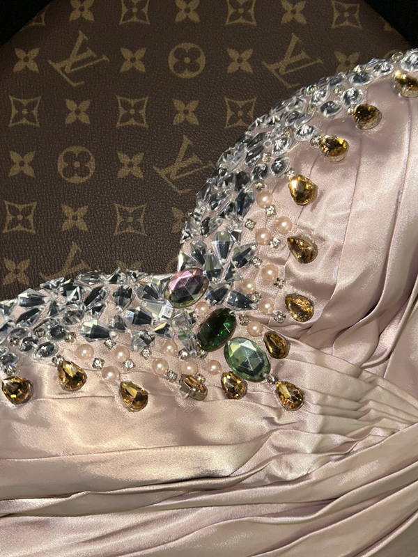 Light champagne-colored strapless, fitted, sexy long ball gown R6967