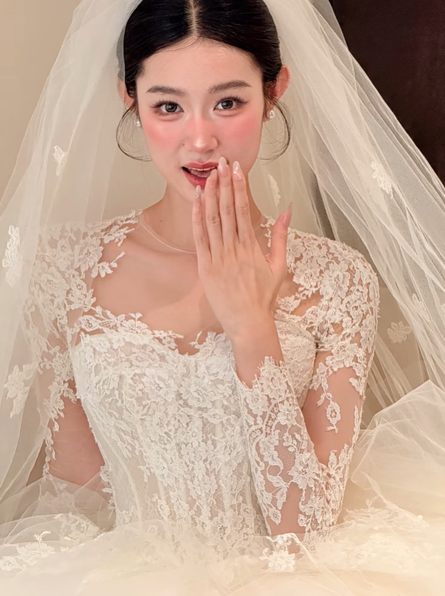 White lace top waist slim fit puffy skirt tulle long dress bridal dress R6029