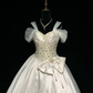 Light champagne-colored halter-neck, fitted waist, full skirt, long ball gown R8671