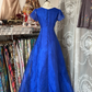 Blue short-sleeved, fitted A-line long dress, ball gown R6288