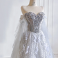 Gray-blue strapless, fitted waist, rhinestone-studded, full skirt long ball gown, bridal dress R8193
