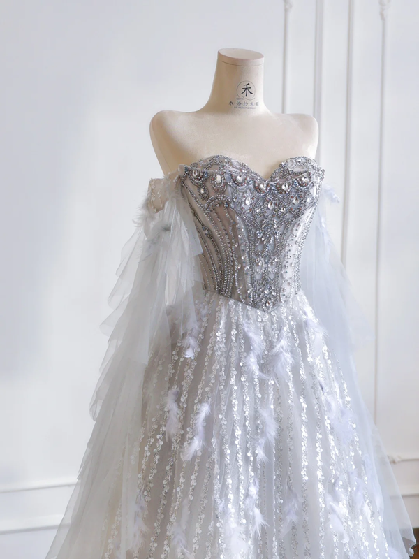 Gray-blue strapless, fitted waist, rhinestone-studded, full skirt long ball gown, bridal dress R8193