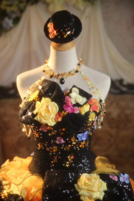 Orange Strapless Waist-Cinched 3D Floral Puff-Skirt Long Ball Gown & Bridal Gown R7369