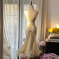 Light apricot halter-neck fitted waist bodycon long ball gown R7723