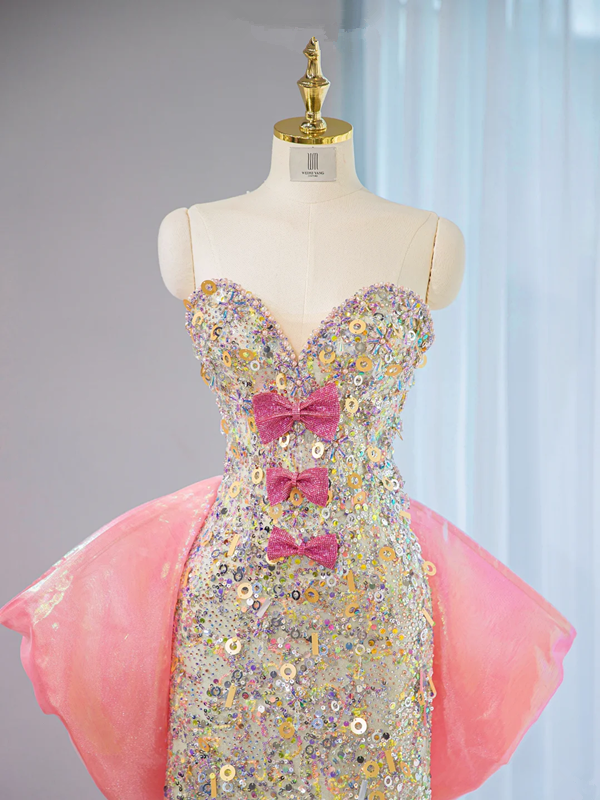 Gold sequined strapless fitted waist sexy long ball gown, bridal dress R9034