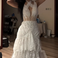 White halter neck, fitted waist, and elegant tiered skirt ball gown R8077