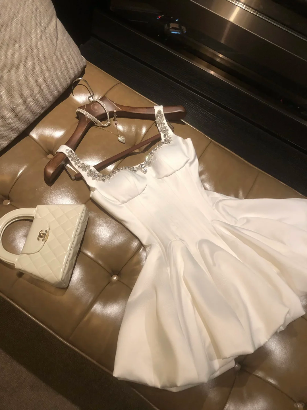 White diamond suspenders slim waist elegant A-line long skirt short skirt homecoming dress R4226