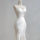 White strapless, fitted, pleated, long fishtail ball gown R8162