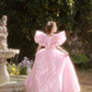 Pink floor-length ball gown with a cinched waist and slim fit, exuding elegance; bridal gown R7280