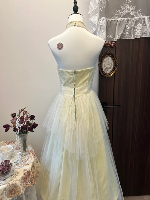 Light yellow halterneck waist slim-fitting layered tulle long dress for homecoming R4306
