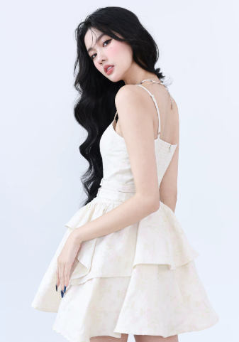 White Jacquard Floral Cami Dress Women With Corset Waist And Layered Skirt R9433