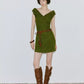 Olive Green Textured Knit Dress with Off-Shoulder Neckline & Tassel Belt R9178