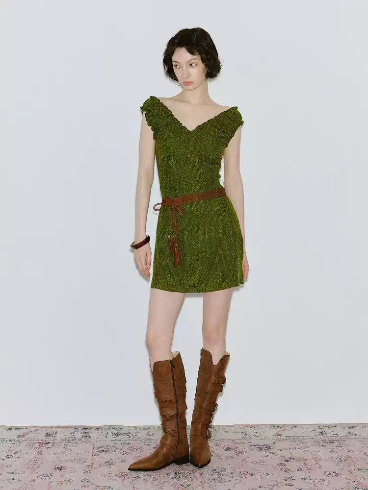 Olive Green Textured Knit Dress with Off-Shoulder Neckline & Tassel Belt R9178