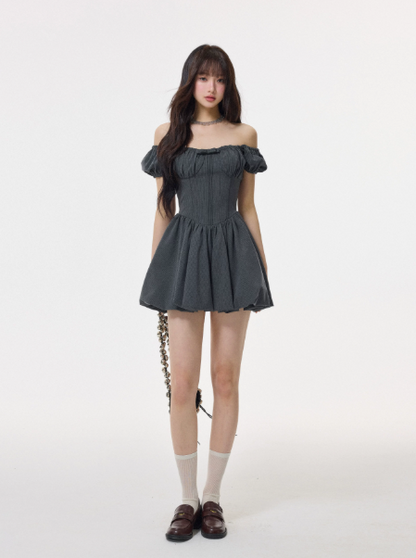 Grey French-Style Puff Sleeve Mini Dress, Square Neck High Waist A-Line Sundress R9378