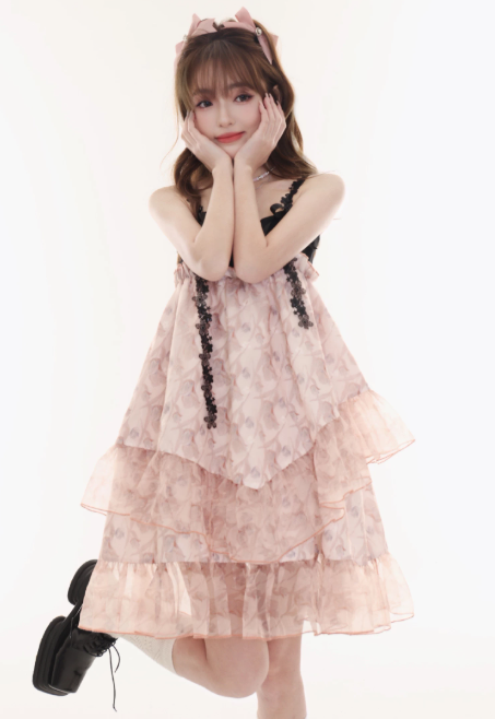 Black And Pink Tiered Ruffle Cami Dress Women With Lace Straps And Floral Print R9418