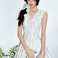 White Floral Print V Neck Mini Dress Women With Ruffle Trim And Bubble Skirt R9424