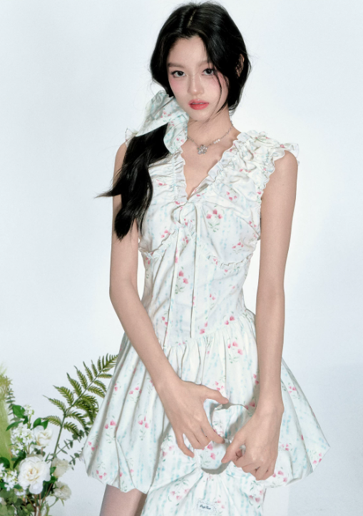 White Floral Print V Neck Mini Dress Women With Ruffle Trim And Bubble Skirt R9424