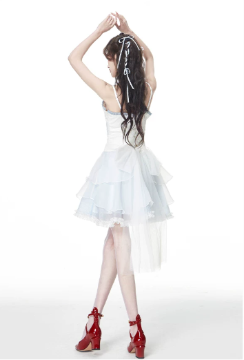 Sweet Style White and Light Blue Dress with Corset Top, Tiered Lace Skirt and Spaghetti Straps R9274