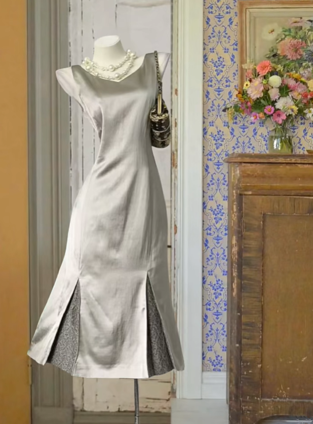 Grey satin sleeveless fitted mini dress, ball gown R6249