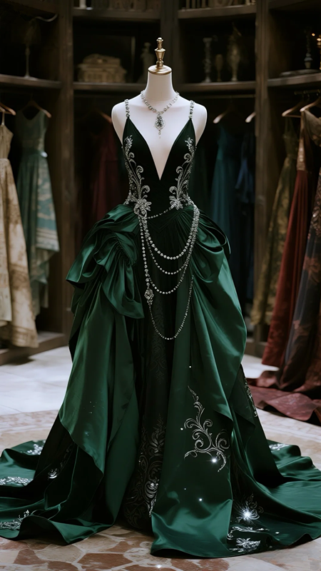 Dark green strappy V-neck satin waist slim A-line maxi ball gown R6067