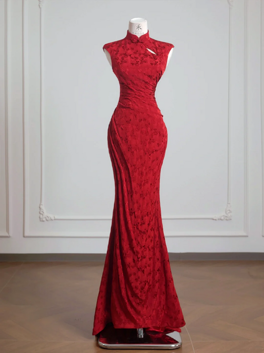 Red Chinese-style collared sleeveless fitted waist long ball gown R8228