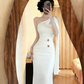 White one-shoulder fitted waist sexy ball gown R9064