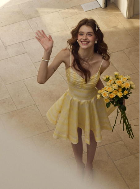 Yellow Striped Cami Dress Women With Ruched Bust And A-Line Mini Skirt R9455