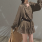Bohemian Style White/Olive Green V-Neck Long Sleeve Mini Dress with Waist Tie R9362