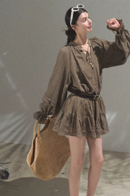 Bohemian Style White/Olive Green V-Neck Long Sleeve Mini Dress with Waist Tie R9362