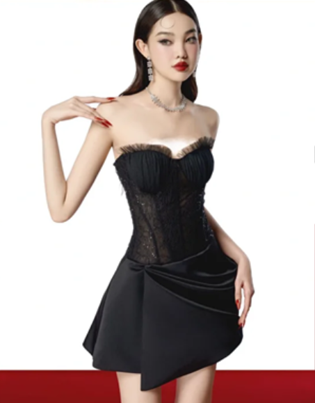 Black tube top lace design sexy slim satin irregular skirt short skirt homecoming dress R4468