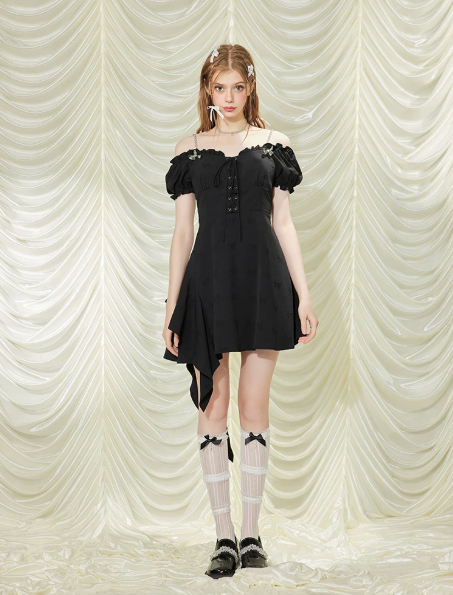 Edgy Black Mini Dress With Off-Shoulder Design, Lace-Up Front And Asymmetric Flounce Hem R9305