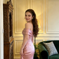 Light pink off-the-shoulder fitted long sexy ball gown, bridal dress R8611