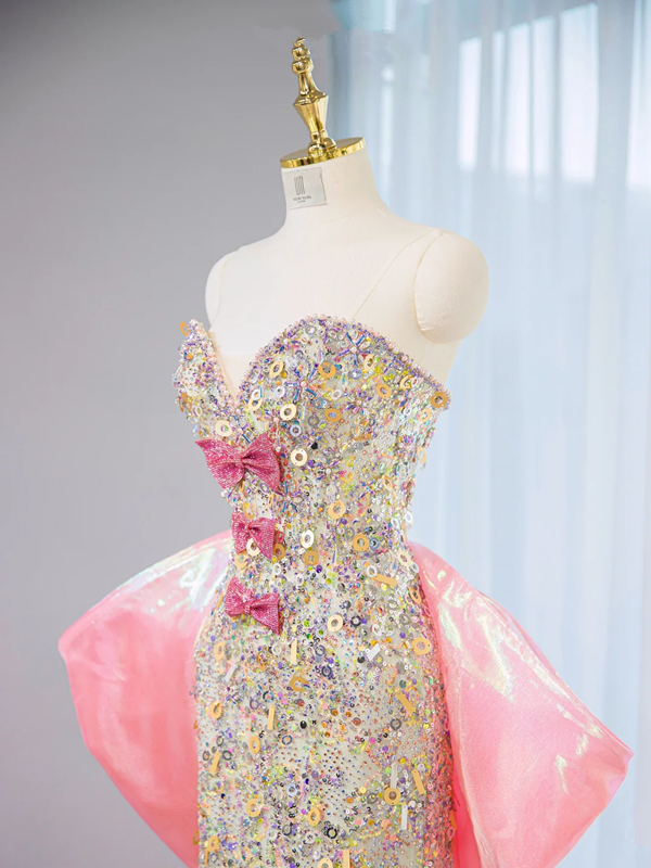 Gold sequined strapless fitted waist sexy long ball gown, bridal dress R9034