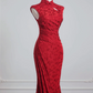 Red Chinese-style collared sleeveless fitted waist long ball gown R8228