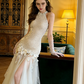 White sleeveless halter neck fitted waist long ball gown/bridal dress R8580