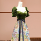 Green square neckline, fitted waist, slim-fitting retro print long ball gown/bridal dress R8393