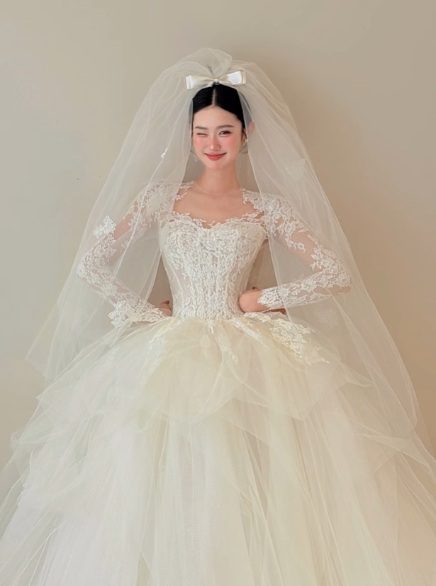 White lace top waist slim fit puffy skirt tulle long dress bridal dress R6029