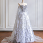 Gray-blue strapless, fitted waist, rhinestone-studded, full skirt long ball gown, bridal dress R8193