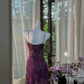 Purple halter-neck embroidered waist-cinching sexy short ball gown R7642