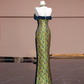 Yellow-based, green floral print, off-the-shoulder, fitted, long ball gown R8336