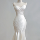 White strapless, fitted, pleated, long fishtail ball gown R8162