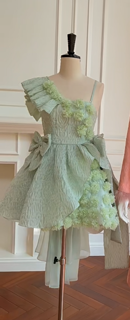 Green asymmetrical suspenders waist slim fit puffy princess skirt homecoming dress R5037