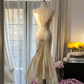 Light apricot halter-neck fitted waist bodycon long ball gown R7723