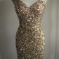 Gold sequined halter-neck fitted long ball gown R6807