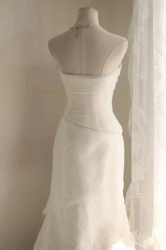 White strapless fitted long ball gown R6728