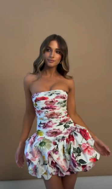Retro Floral Tube Top Waist Pleated Bud Skirt Short Homecoming Dress R5438